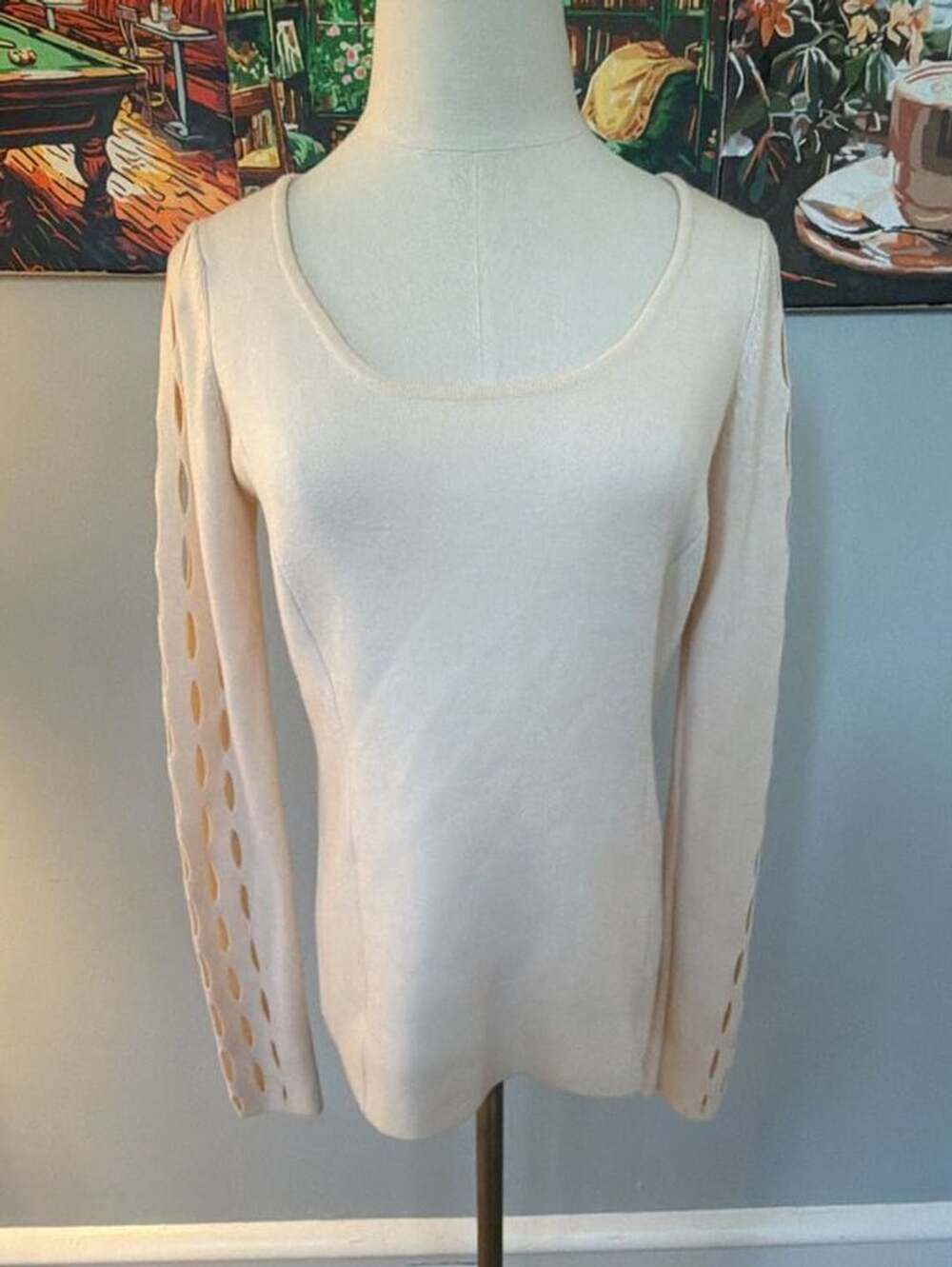Elie Tahari Cream Extrafine Merino Wool Cutout Long Sleeve Sweater size S